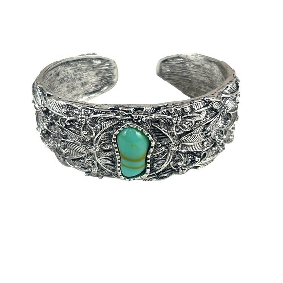 Boho Style Cuff Bracelet Silver Tone with Faux Turquoise Stone and Leaf Detail - Picture 1 of 9